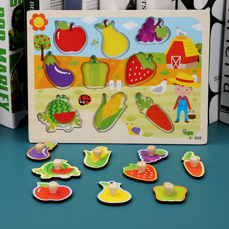 

Logwood Baby Toy Montessori wooden Puzzle/Hand Grab Board Educational Wooden Toy Cartoon Vehicle/ Marine Animal Puzzle for Kids