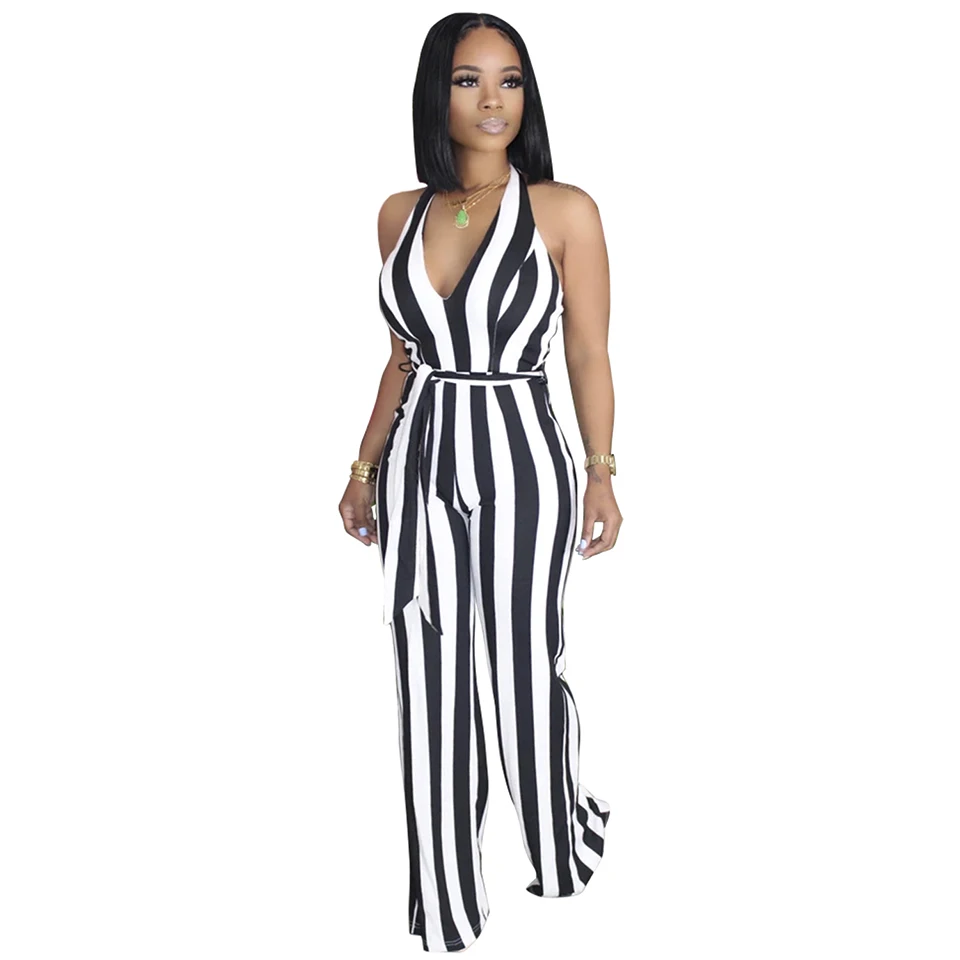 

Women Sexy Deep V Neck Striped Jumpsuit Rompers Sleeveless Halter Bootcut Jumpsuits