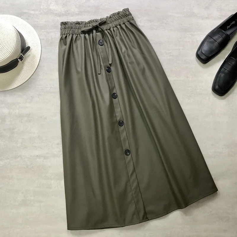 

Women Leather Skirt Midi Skrit Empire PU Leather Buttons Up Drawstrings Pocket A-line Office Lady Mid-Calf Skirt Sexy Skirt