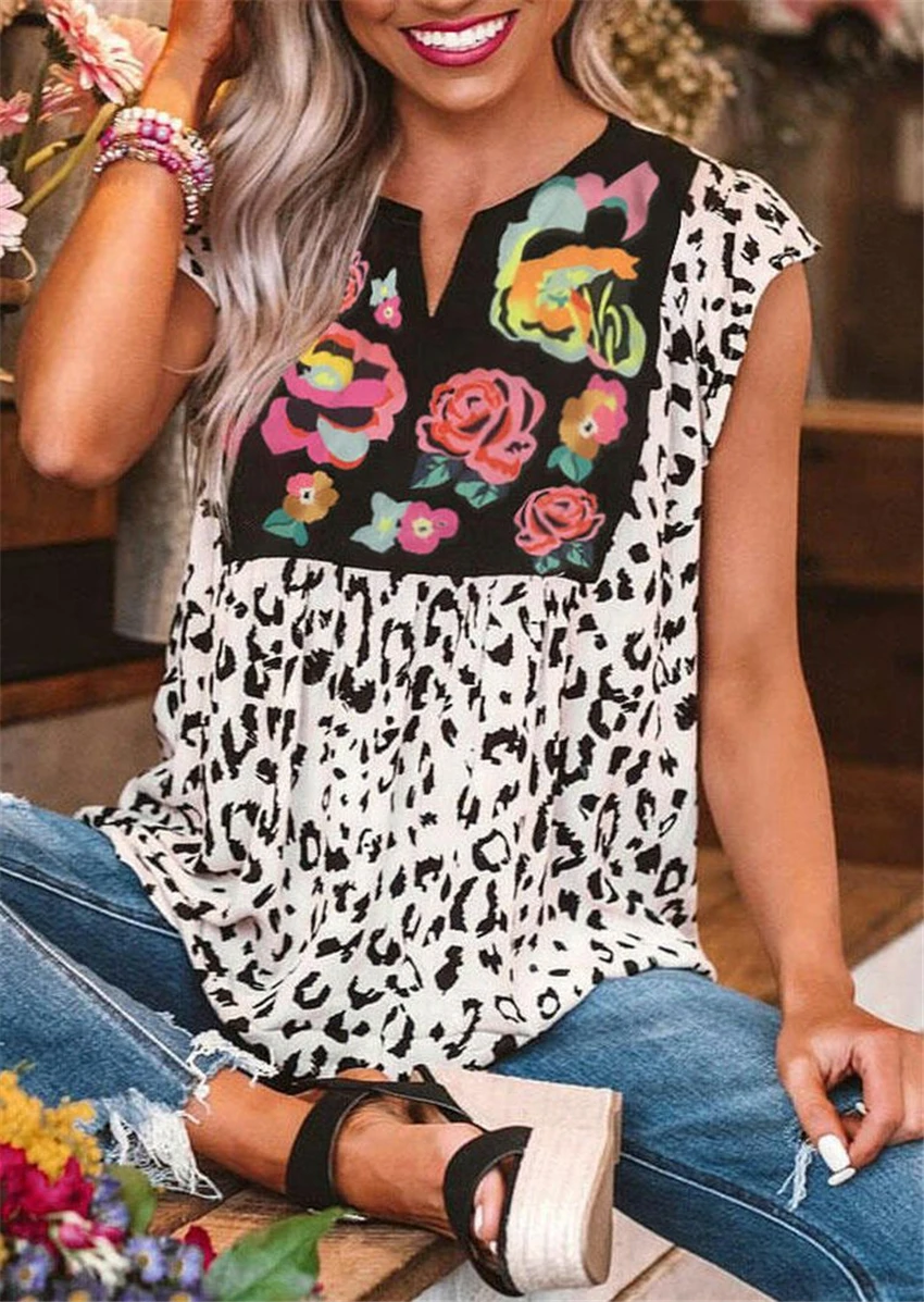 

Women Flowers Print Casual T-shirt Summer V-neck Tops Tee Hot Top Leopard Patchwork Top Short Sleeve Tee Shirts