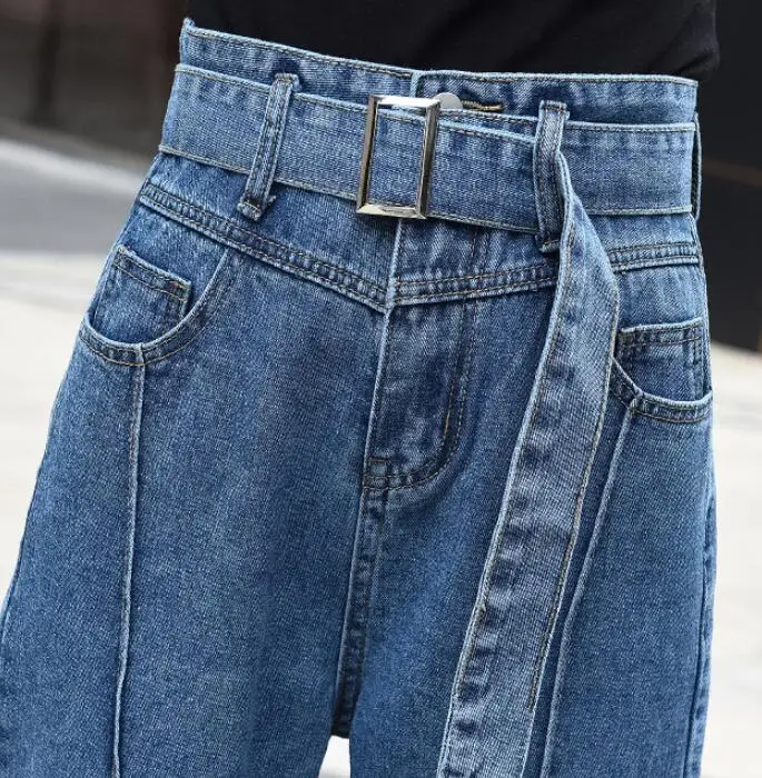 

LXUNYI Harlan jeans mujer Loose Women Fashion Straight High Waits Sexy Street Fashion Denim Trousers With Belt Casual Pants