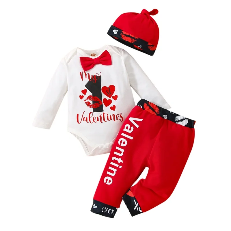 

Baby Girls Boys Romper Set Valentine's Day Letter Pattern Printed Bowknot Jumpsuit + Printed High Waist Pants + Hat 3 Piece Sets