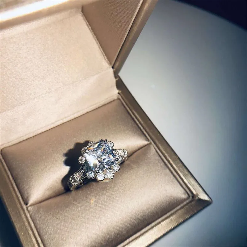 

Classical Flower Jewelry 925 Sterling Silver Princess Cut White AAAAA Cubic Zircon Women Engagement Band Ring For Lover's Gift