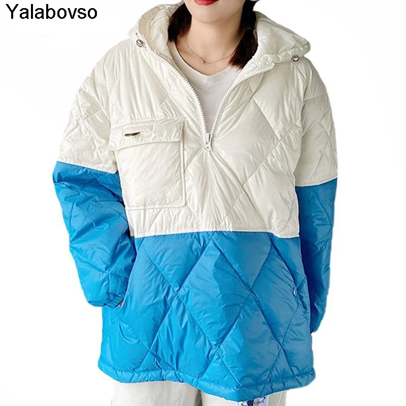 Fashion White Blue Hooded Padded Coat Loose Warm Down Jacket Female Zippers Casual Tops Korean  2021 Womens Pockets Yalabovso