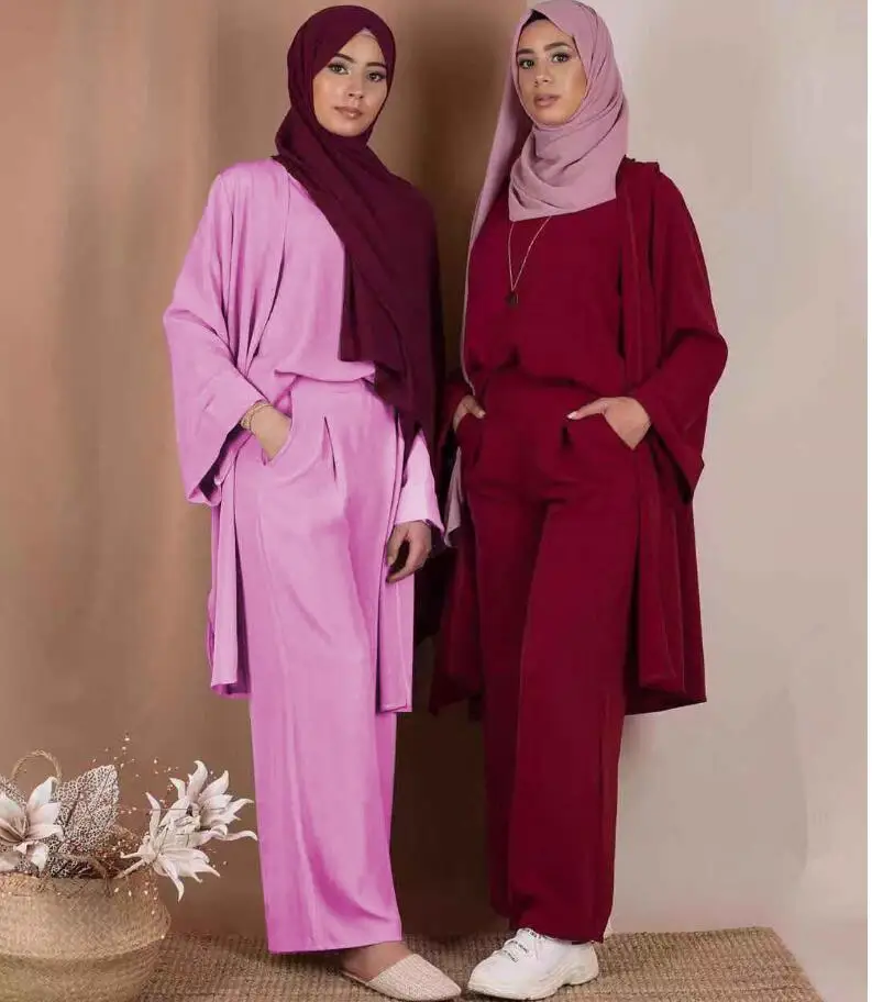 Модная скромная одежда из 3 предметов в арабском стиле для женщин, abaya cardgan+ рубашки+ штаны, мусульманская одежда, комплект, женский костюм в западном стиле, исламский