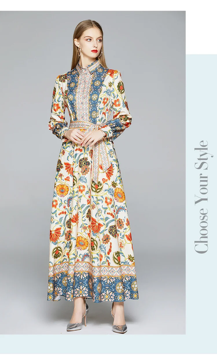 Женское однобортное платье с винтажным принтом длинное рукавом-рубашкой