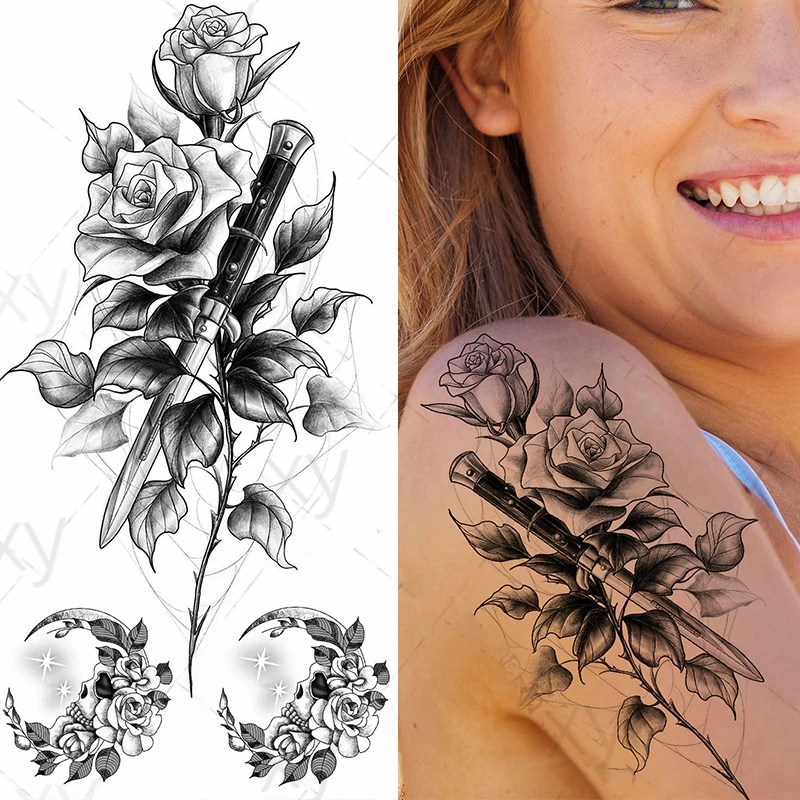 

Waterproof Temporary Tattoo Sticker Gun Geometry Flowers Roses Sexy Fake Tatoo Breast Chest Back Belly Flash Tatto for Women Men