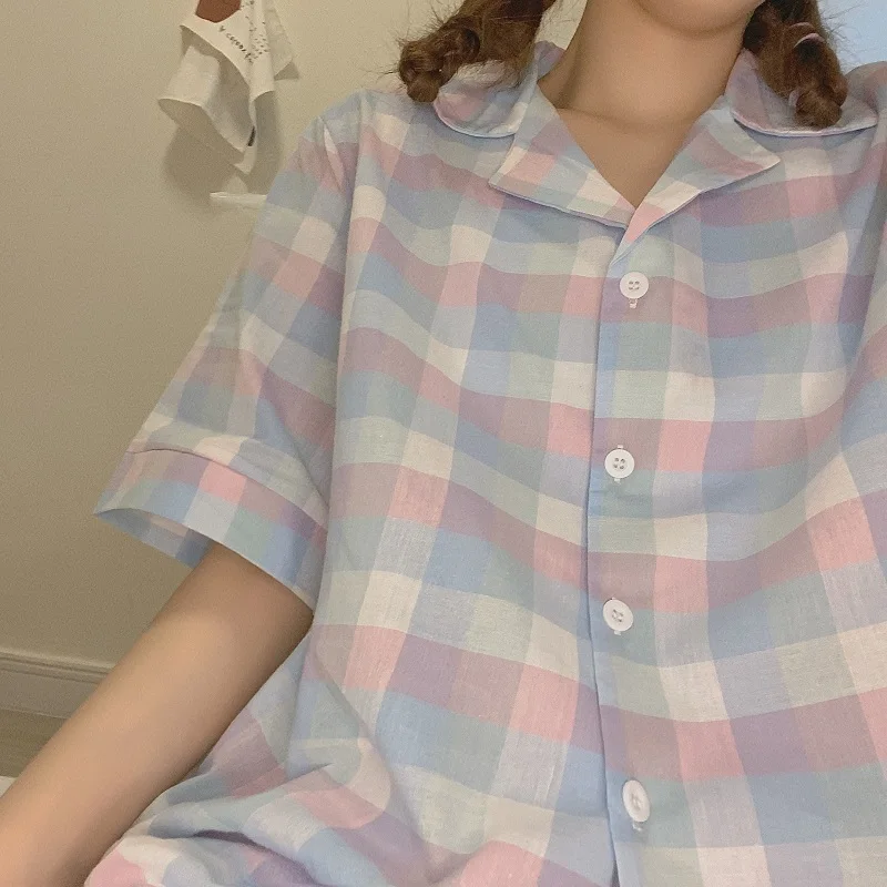 CAIYER Summer Plaid Pajamas Suit Sweet Girl Purple Printing Sleepwear Korean Women Leisure Pyjamas Home Luxury Pajamas for Women
