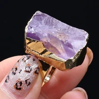 hot selling natural stone fashion ring zinc alloy amethyst rough stone interface adjustable size ring 18x25mm