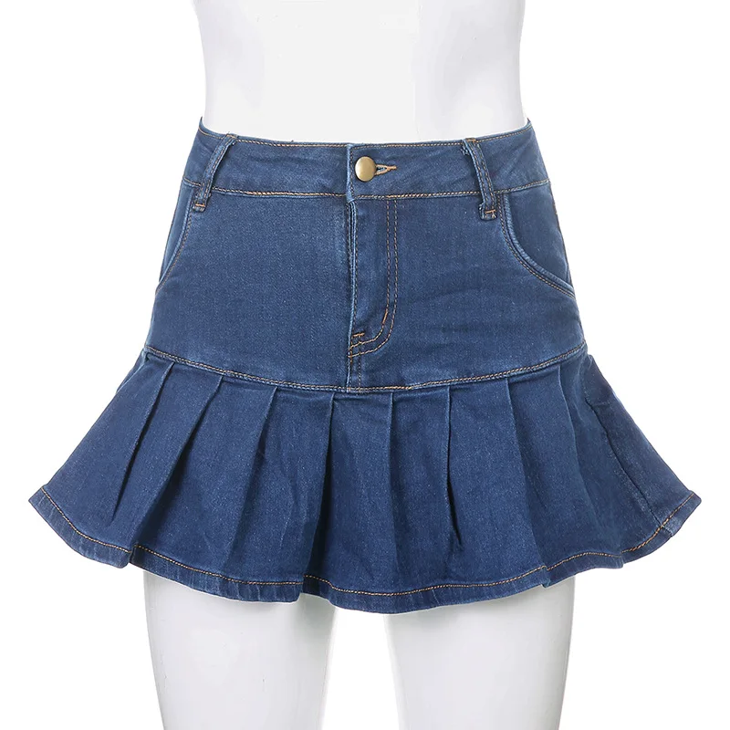 

y2k Pink Denim Pleated Skirts Mini Solid Casual Woman Fashion n Style High Waist Skirt with Lined Hot Club Party Girls