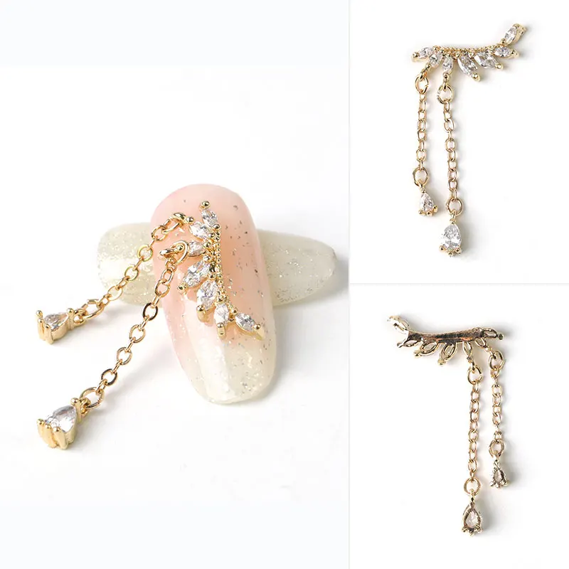 

Latest 2 pieces alloy Zircon Nail art decoration luxury zircon rhinestone tassel / heart / wing nail jewelry high end long nail
