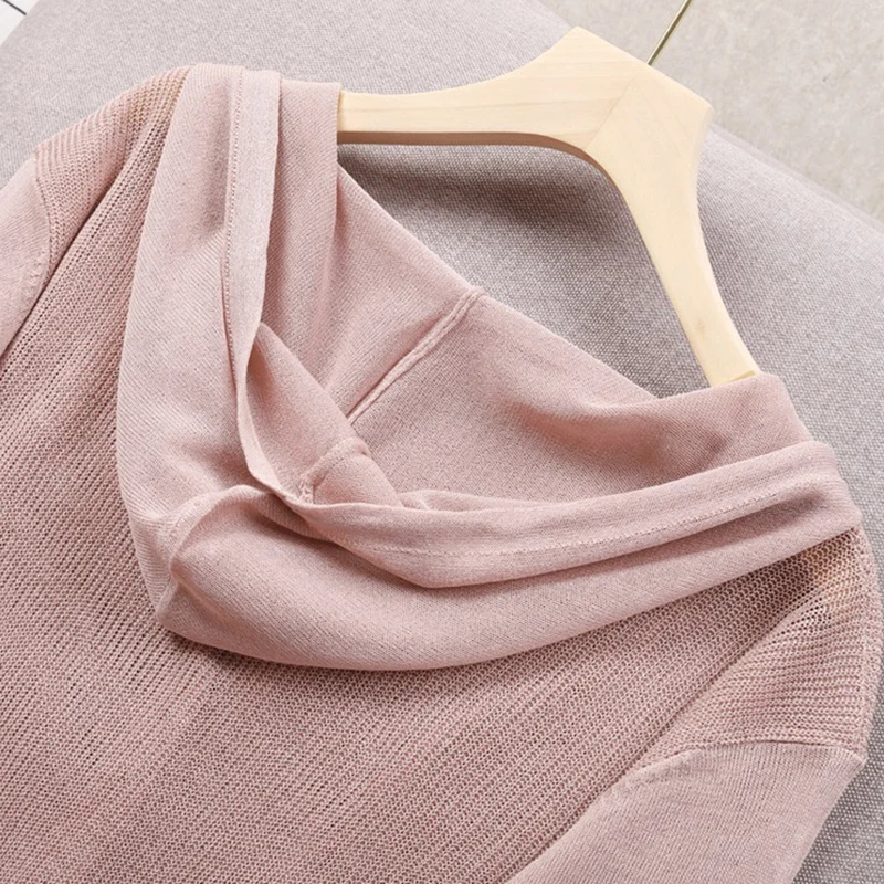 

Knitted Sweater Cardigan Jacket Summer New Long sleeve V-neck Ice silk knitt Hooded Thin Coat Outerwear Sun Protection Clothing