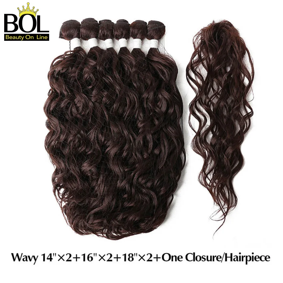 Натуральные волнистые синтетические #4 пряди для волос 6 (14*2 + 16*2 18*2) с закрытием