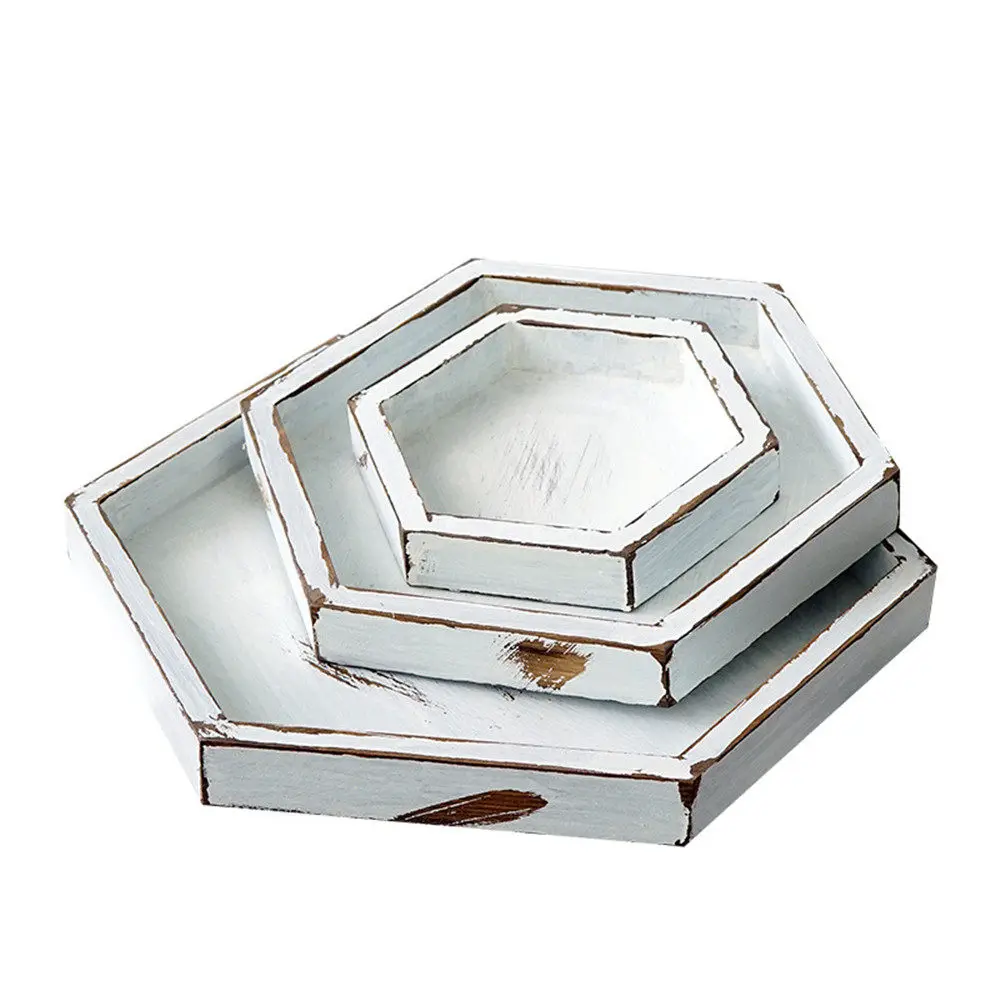 

Retro Pastoral Wood Storage Tray Fruit Cake Dessert Plate White Color Hexagon Jewelry Display Tray Home Desktop Decor