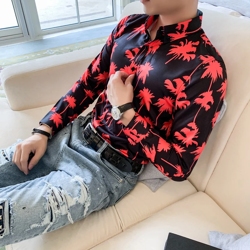 Camisa hombre брендовая Осенняя рубашка с длинным рукавом и цветочным рисунком мужская