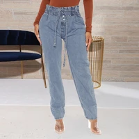 2021 autumn and winter new fashion high waist womens trousers street style pants trendy elastic waist tie straight jeans women