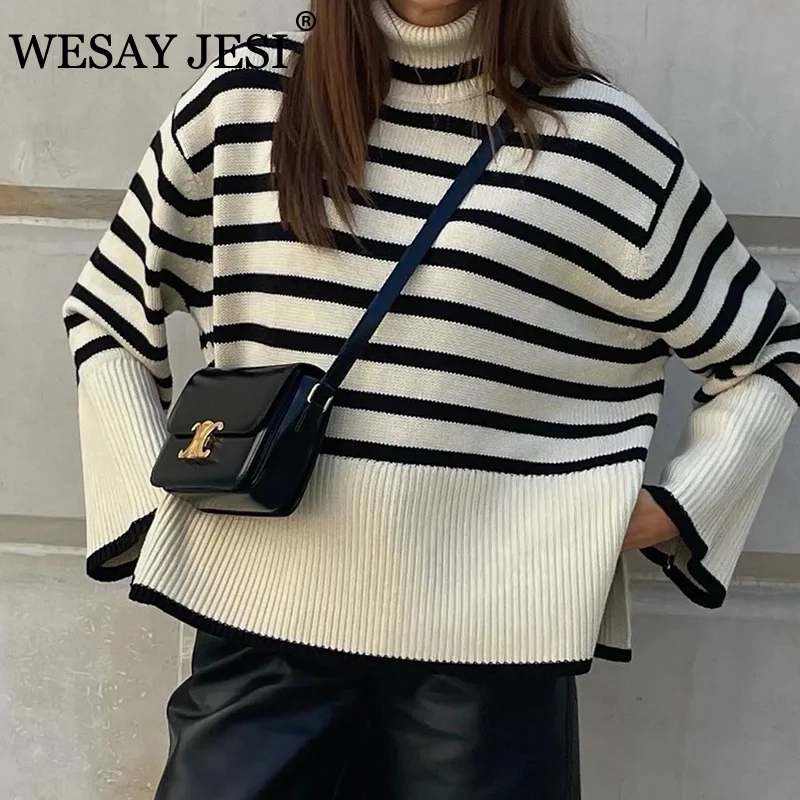 

WESAY JESI осенне-зимний свитер, вязаный полосатый белый свитер, Топ с длинным рукавом, Женский Повседневный свободный свитер для женщин