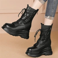 lace up fashion sneakers women cow leather wedges high heel ankle boots female high top round toe platform pumps casual shoes