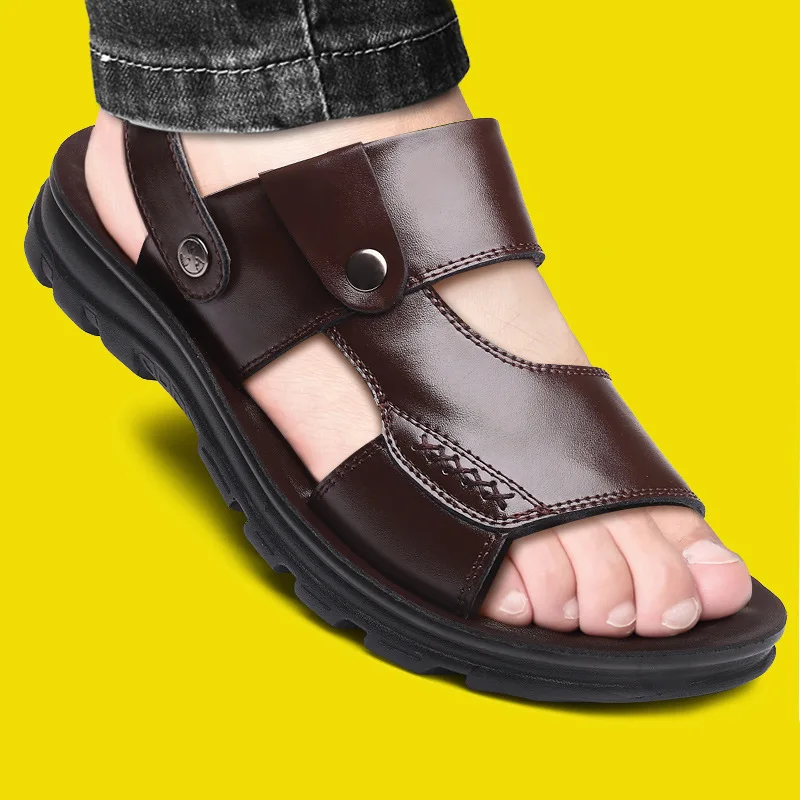 Мужские летние кожаные сандалии Повседневная модная пляжная обувь дышащая