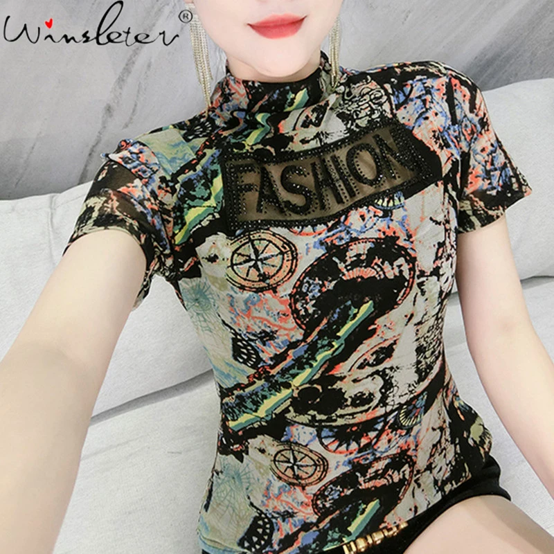 

Summer Korean Style T-Shirt Sexy Fashion Print Patchwork Shiny Diamonds Women Tops Short Sleeve Bottoming Shirt Tees New T13131A