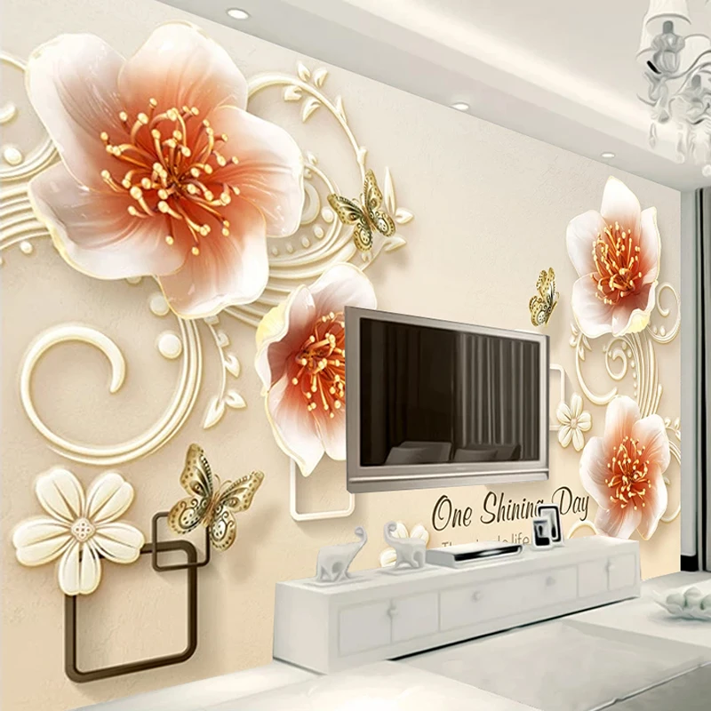 

Custom Wall Murals 3D Stereoscopic Embossed Jewelry Flower Modern European Style Living Room TV Background Photo Wallpaper Roll