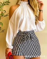 2021 new womens wear white fashion sexy off shoulder long sleeve top thousand bird check trouser skirt