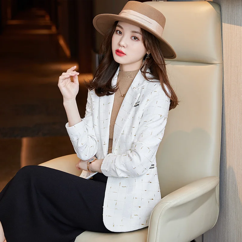 Boliyae Autumn and Winter New Plaid Long Sleeve Blazer Women Fashion Black Slim Jackets Female Casual Office Tops Coat Clothing