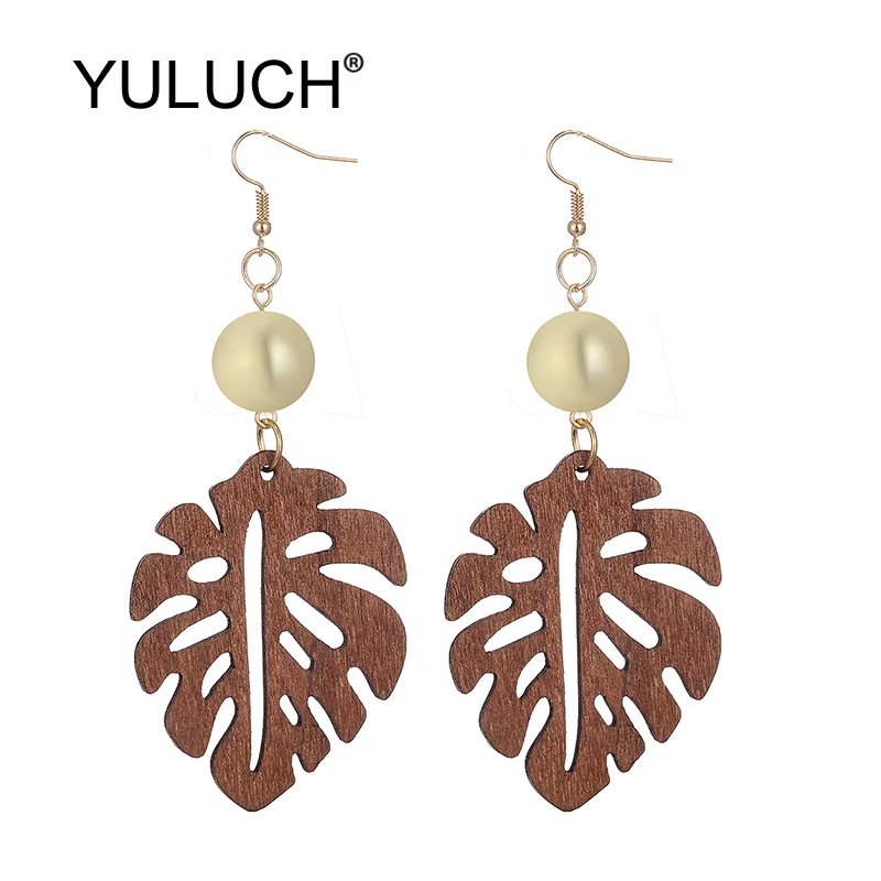 

YULUCH этнические африканские индийские женские красные коричневые полые деревянные узоры листьев золотые бусины помпоны длинные подвесные ...