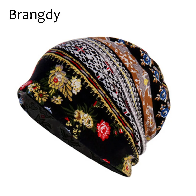Зимние хлопковые шапки бини с цветочным принтом шапка в полоску для женщин весна