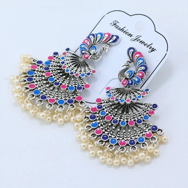 

N58F Women Unique Gypsy Bohemian Pearl Enamel Blue Peacock Earrings Dangle Earring Ethnic Indian Earrings Indian Jewelry Gift