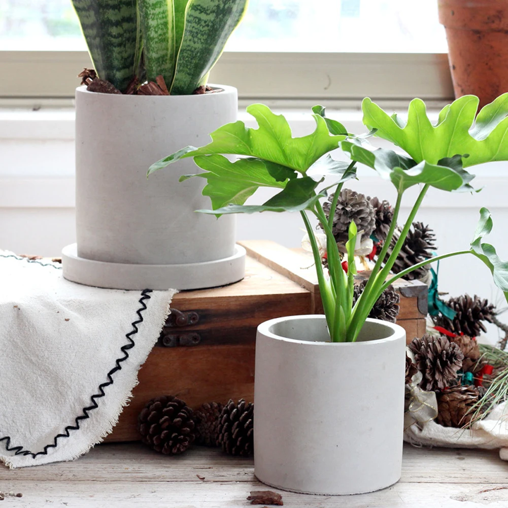 

2PCS Nordic Industrial Style Round Succulent Plant Pot Flower Concrete Cactus Bonsai Container Cylinder Shape Cement With Tray