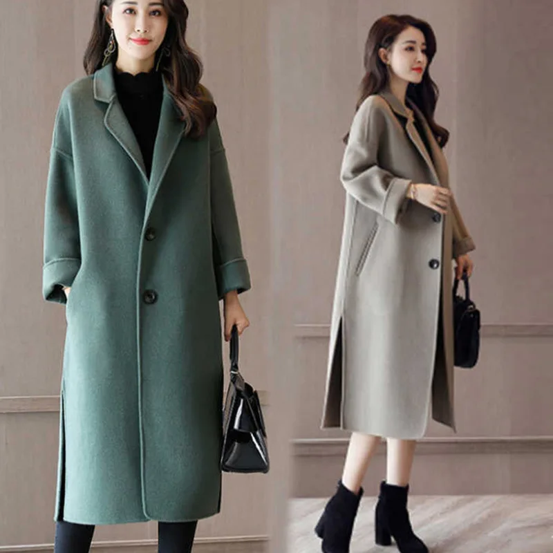 

Pure color simple woolen coat women's mid-length over the knee 2020 autumn and winter coatsnew loose Thin Korean woolen coat