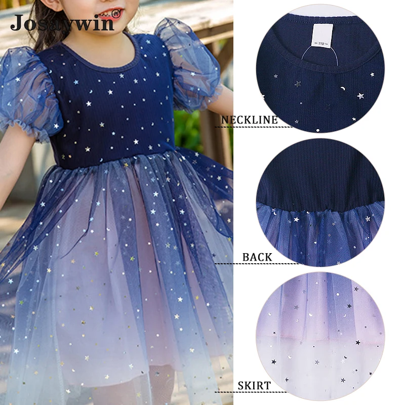 Vestido de malla con cielo estrellado para ni&ntilde;as, ropa de fiesta de princesa con manga abombada, nuevo estilo, 2021-5