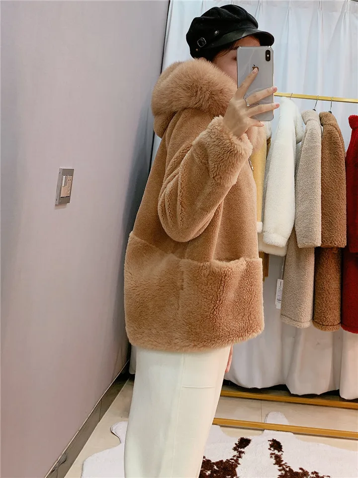 OFTBUY пальто с натуральным мехом, зимняя женская куртка, Воротник из натурального Лисьего меха, капюшон, шерсть, тканая верхняя одежда, плюшевый флис