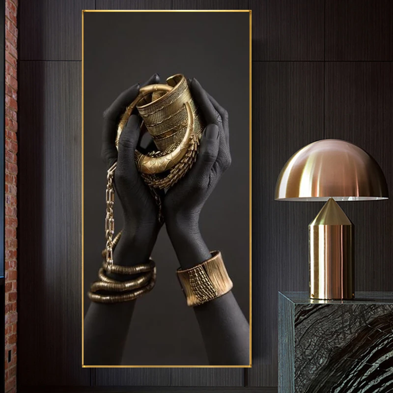 Современное искусство черная рука с золотыми ювелирными изделиями холст плакаты