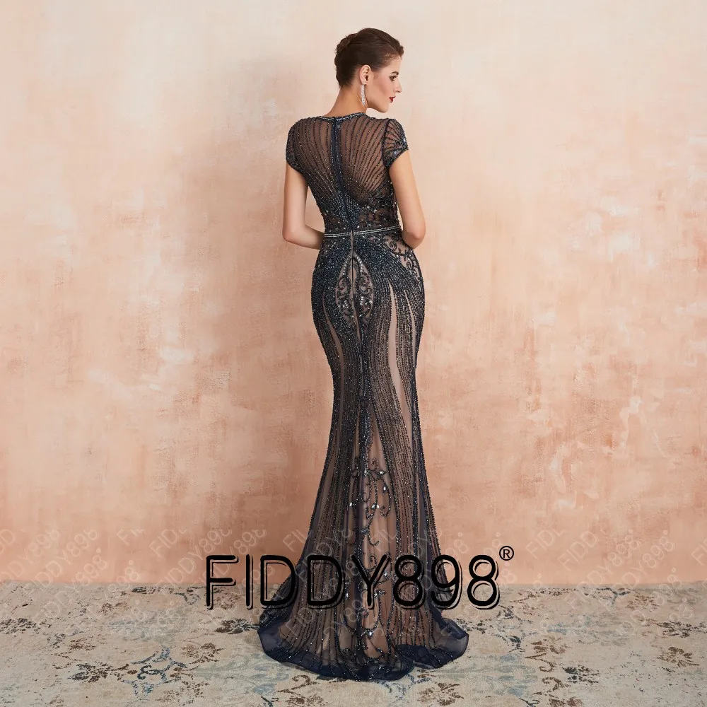 Роскошные Русалка вечернее платье 2020 Кепки рукава полностью вышитое бисером