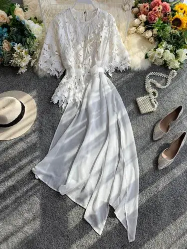 white Neploe кружевная Асимметричная блуза, женские блузы с оборками, лоскутные Блузы с коротким рукавом, Облегающая рубашка с круглым вырезом, 45175 - Цвет: white
