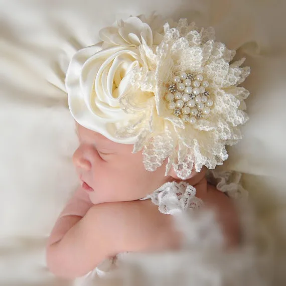 

Baby girls Flower Headband Newborn Infant Pearl Flowers With Lace wide Headbands Hair accessories Phoro props Kids Turban