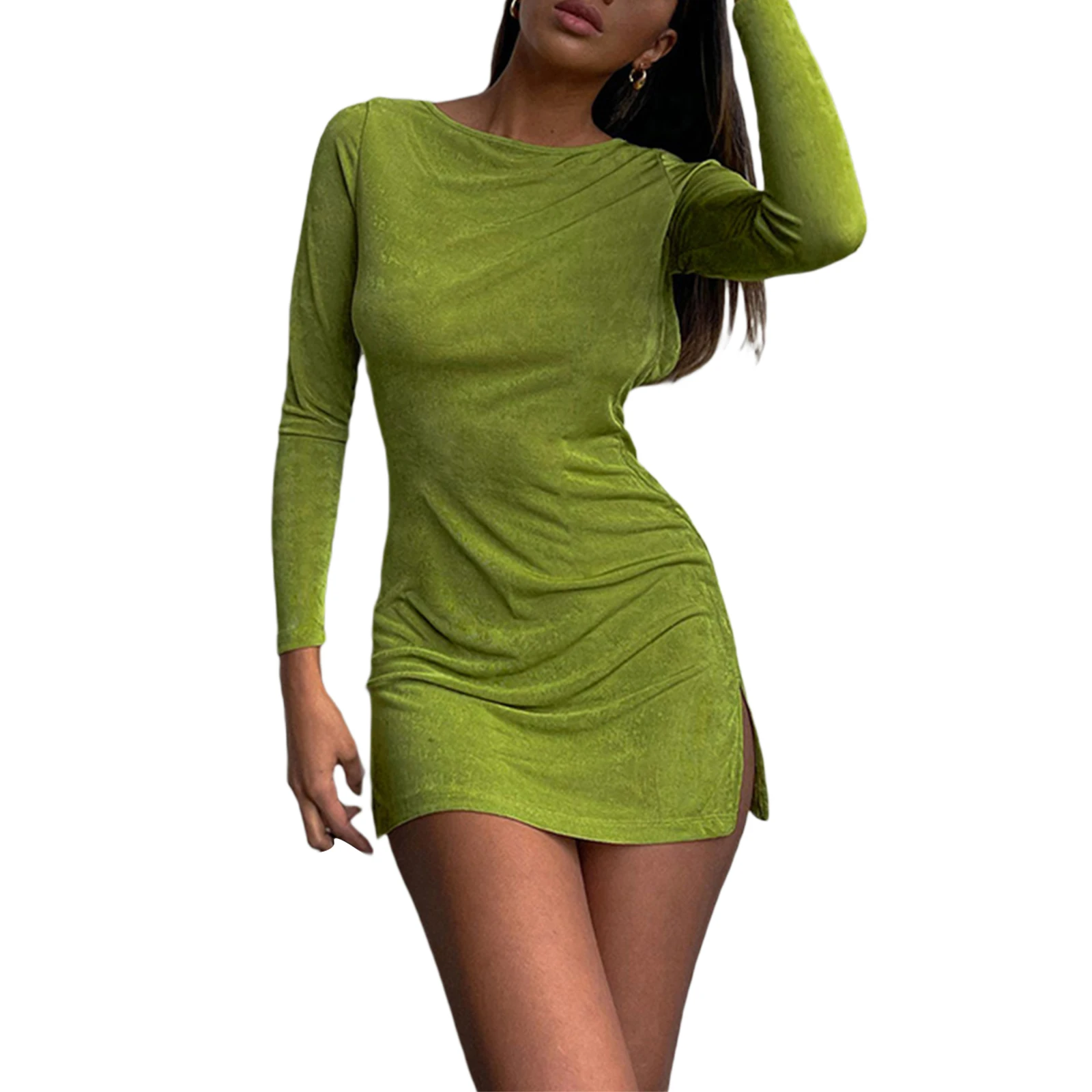 

Women Sexy Tie-up Dress Adults Backless Solid Color Round Neck Long Sleeve Slit
