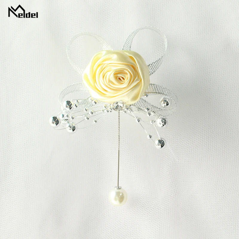 Meldel Artificial Pearl Brooch Wedding Corsage Pin Flowers Silk Roses Boutonniere Men Mariage Corsages and Boutonnieres |