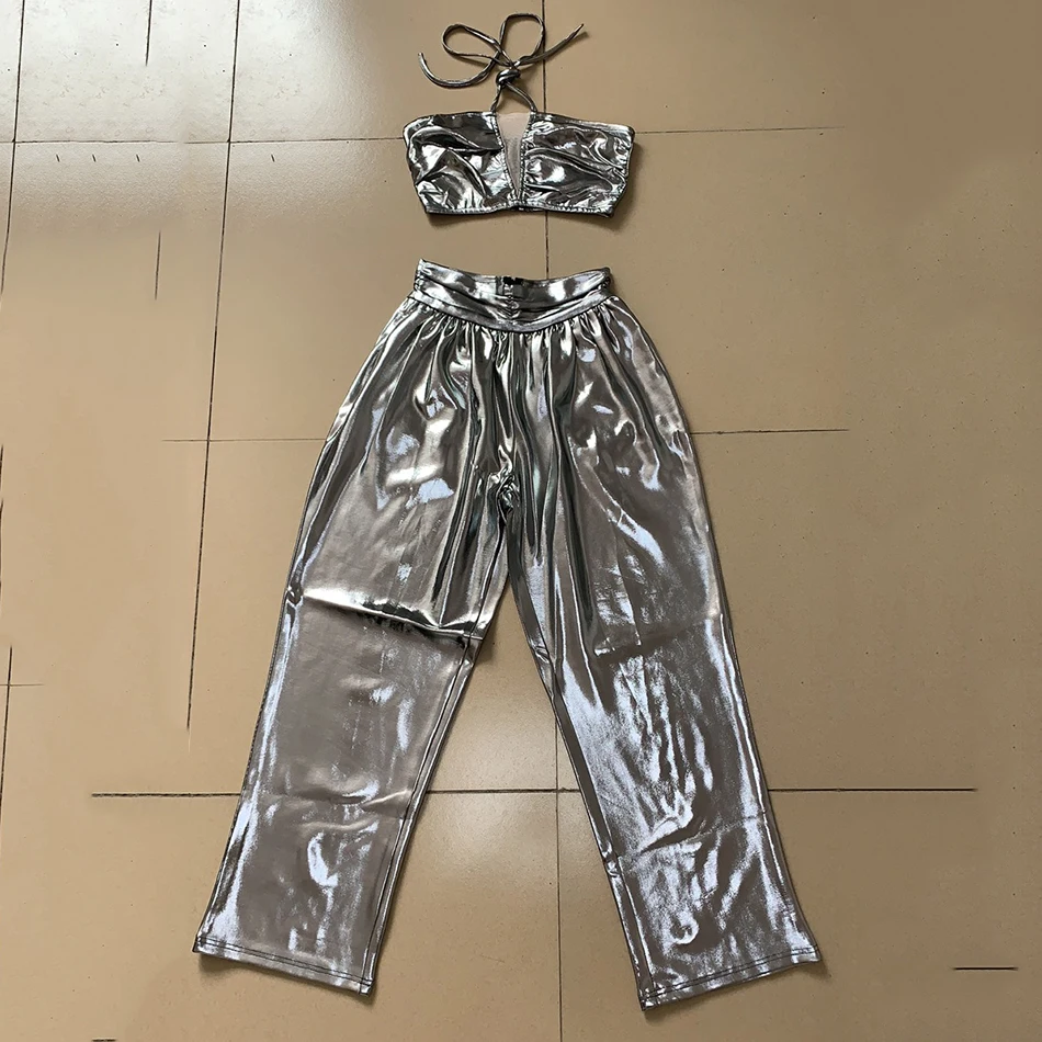 Женский серебристый Топ без рукавов с лямкой на шее и брюки высокой талией