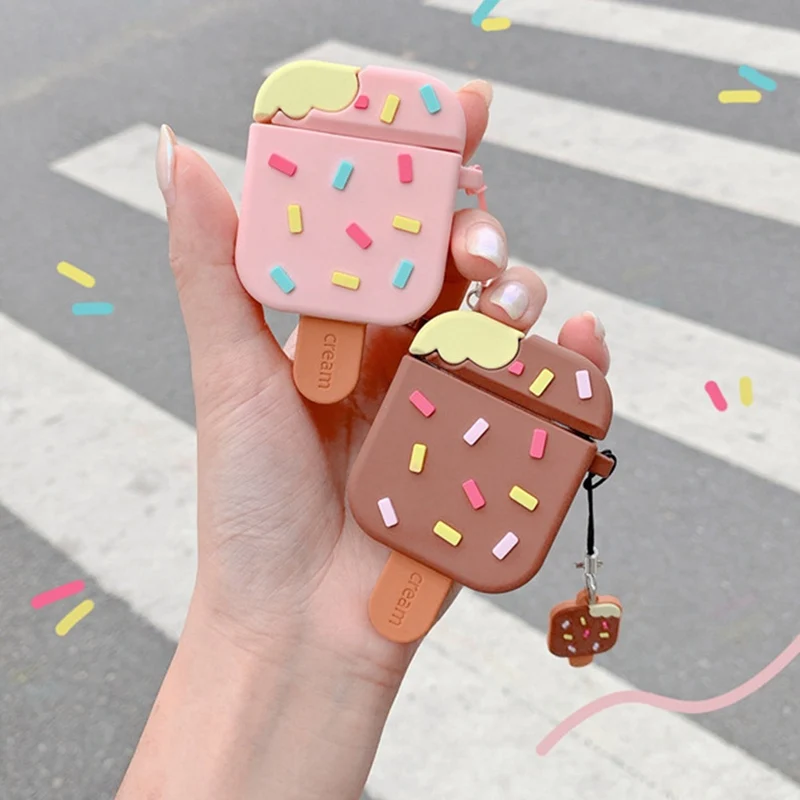 

Cute Cartoon Ice Cream Shaped Bluetooth Earphone Silicone Protector Cover with Hanging Accessory For AirPods 1 2 Earphone Case
