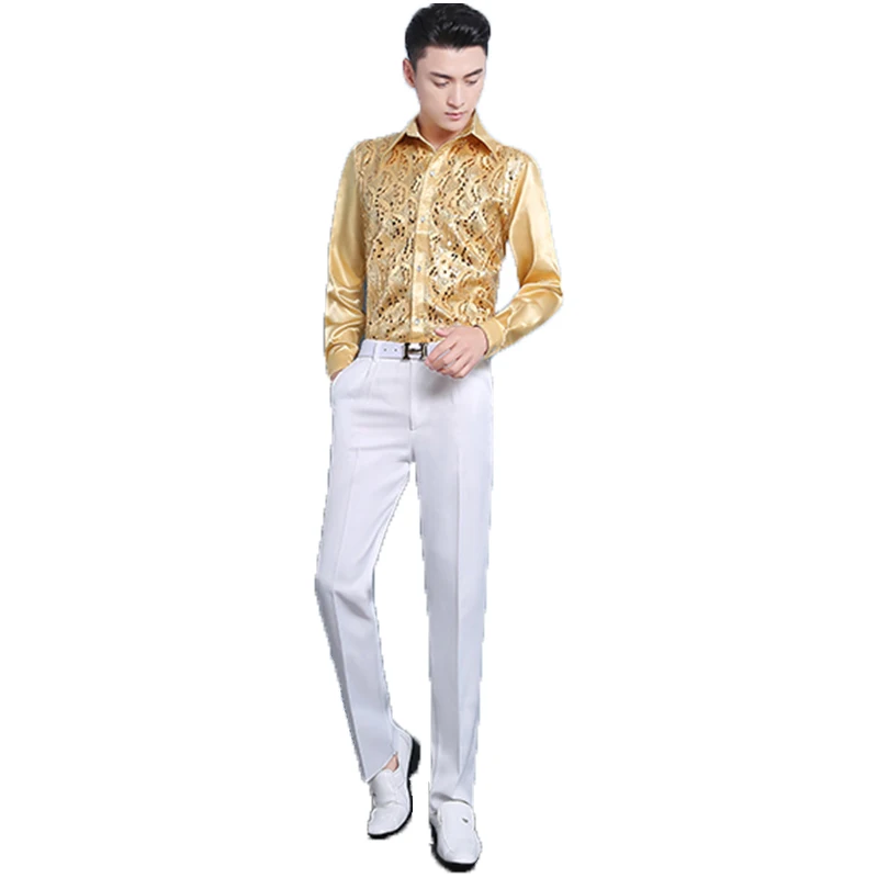 

New Men's Shirt Long Sleeve Sequin Shirt Singers Stage Wear Choir Clothing Adult Nightclub Colorful Shirt Dance Costume VDB852