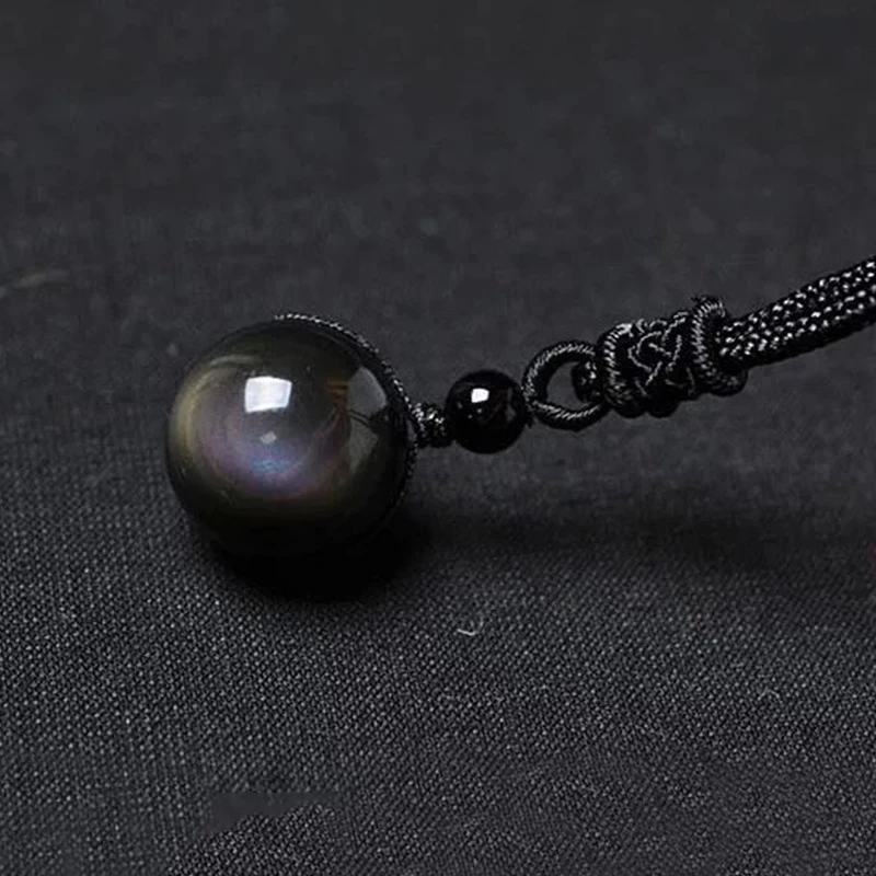 Ожерелье из натурального черного обсидиана с радужным глазом и шариком удачи