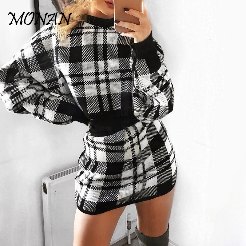 Glamaker клетчатый вязаный костюм из двух частей сексуальное осеннее платье женское