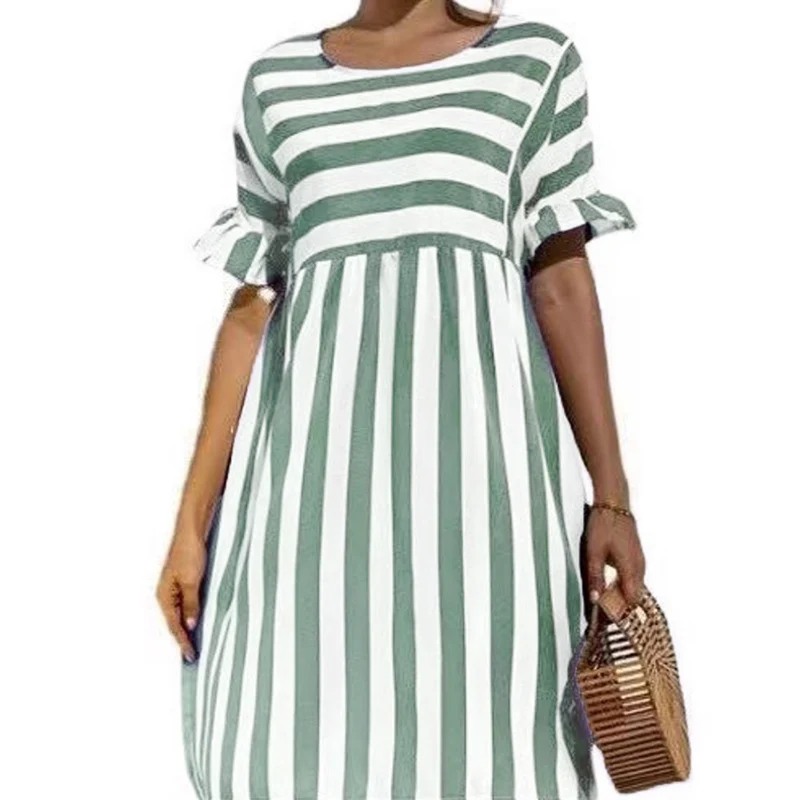 

2021 Women's Sundresses Collection Stripe Woman Flounces Round Collar Bodycon for A-Line Skirt Dresses Summer Dress Short Sleeve