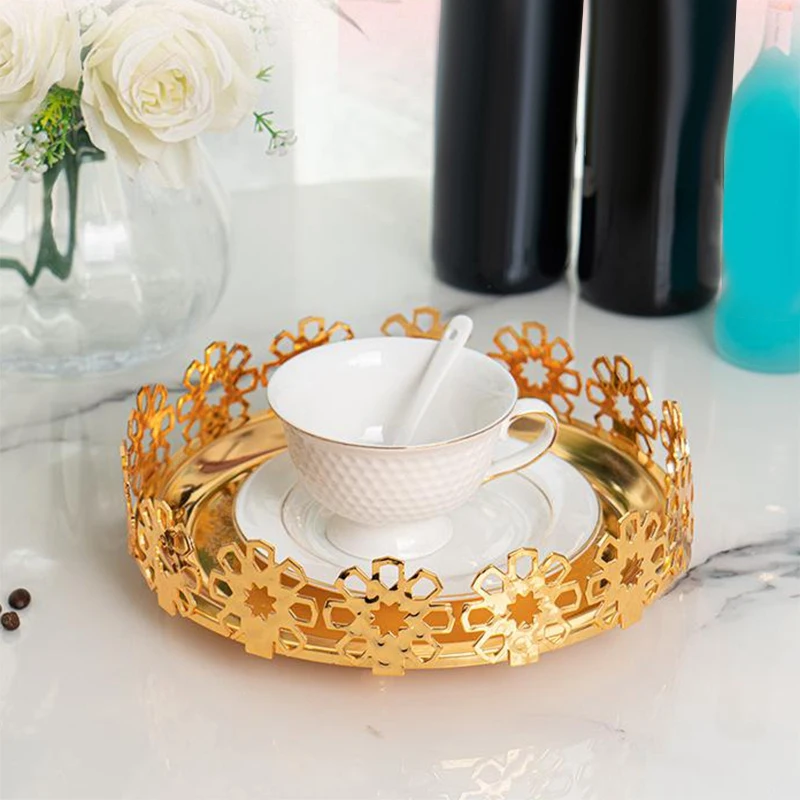 

Metal Tray Decoration Simple Decoration Plate Jewelry Plate Golden Round Living Room Decoration Snack Storage Tray