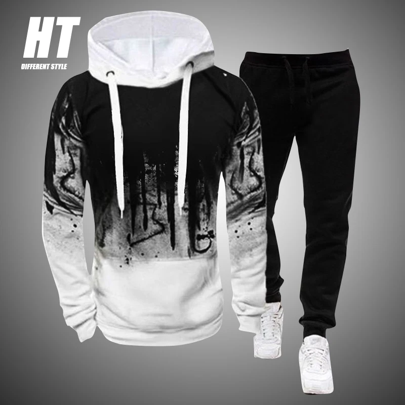 

Autumn Spring Men's Set Splash-Ink Print Casual Long Sleeve Hoodie 2 Piece Outfit+Sweatpant 2022 New Gym Jogging Male Tracksuit