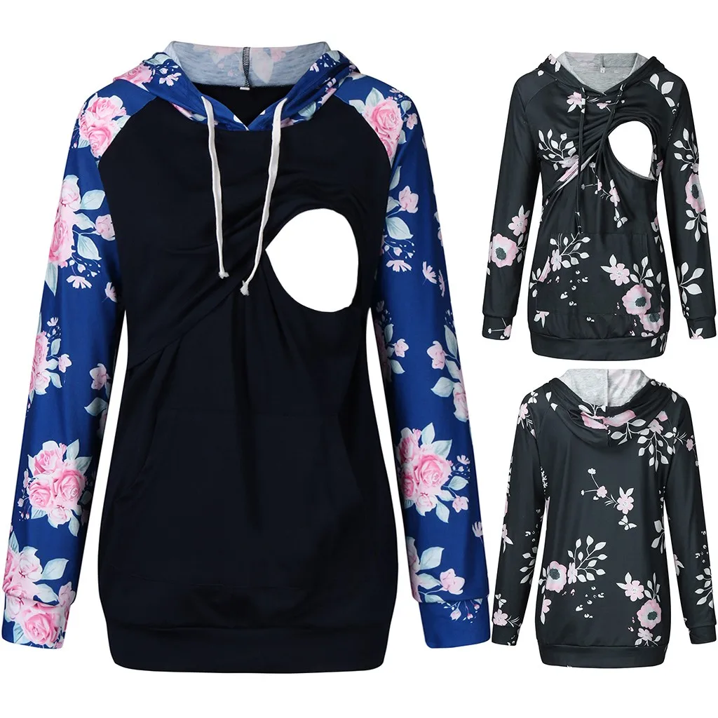 

Tops Winter Hoodie Floral Print Feeding Clothes Elegant Nurse Nursing Shirt Long Sleeve Pregnant Women Clothes