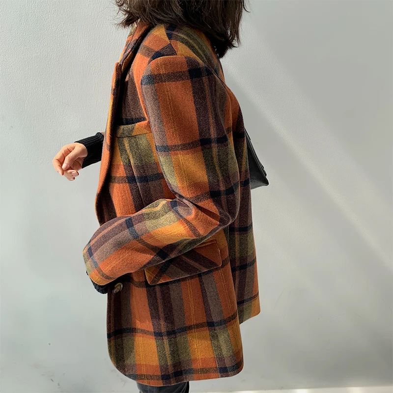 Женский шерстяной клетчатый блейзер в стиле ретро винтажный приталенный